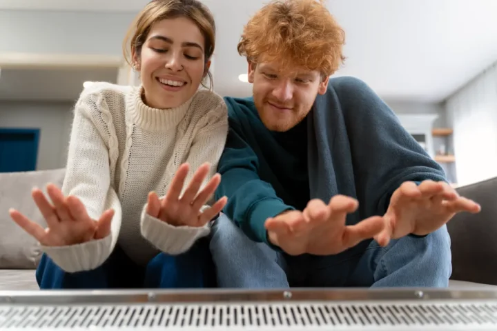 Castle eco solutions medium shot couple warming up with heater Blackburn