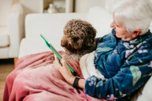 Castle eco solutions senior woman using digital tablet while sitting with dog sofa home Blackburn